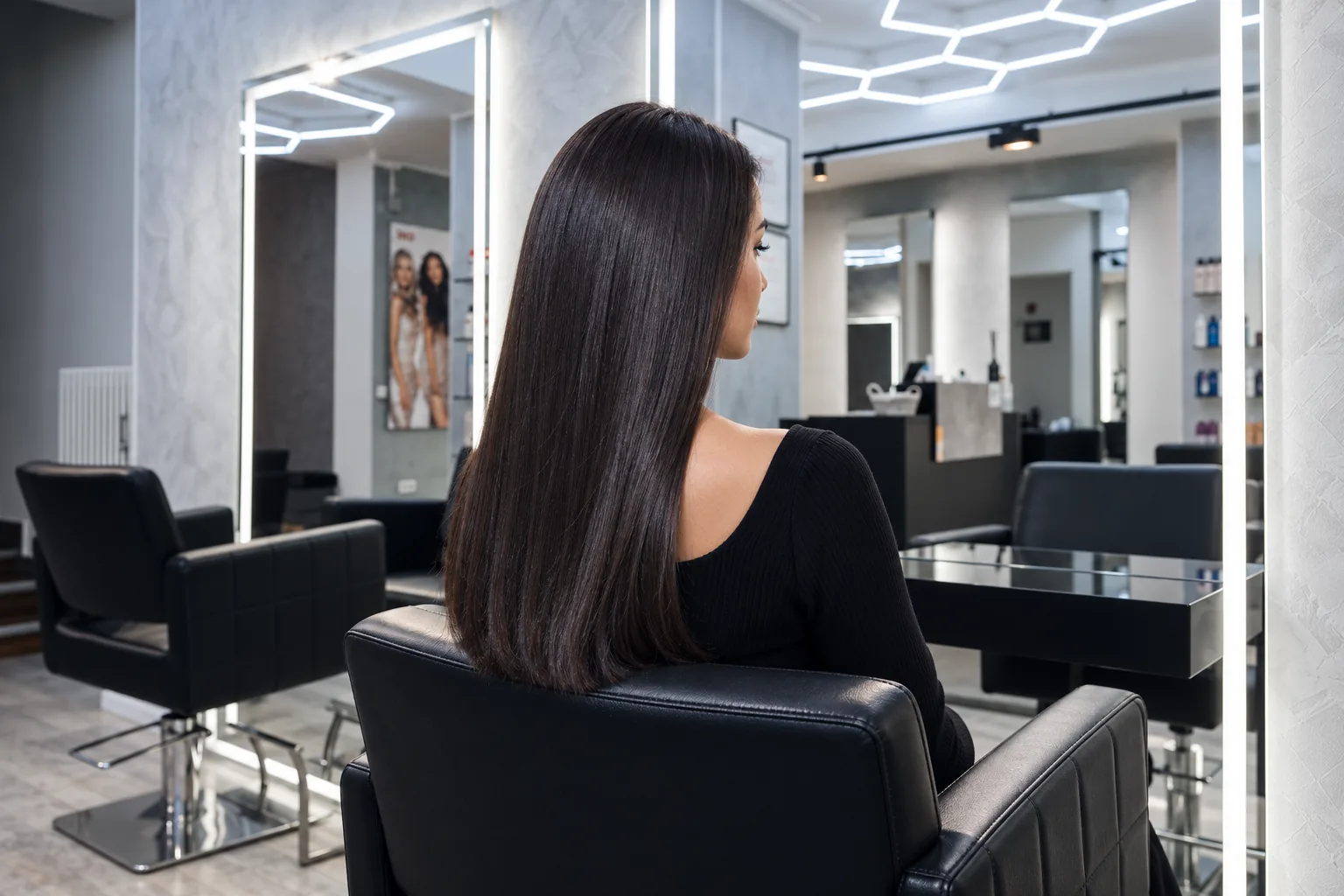 Glattes dunkles Haar nach einer professionellen CHI-Haarglättung im Headmasters Salon