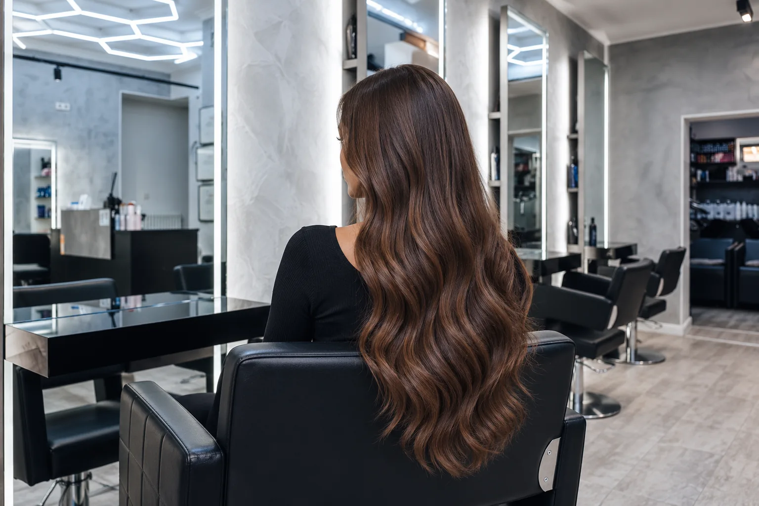 Natürlich eingearbeitete lange braune Echthaar-Extensions im Headmasters Salon