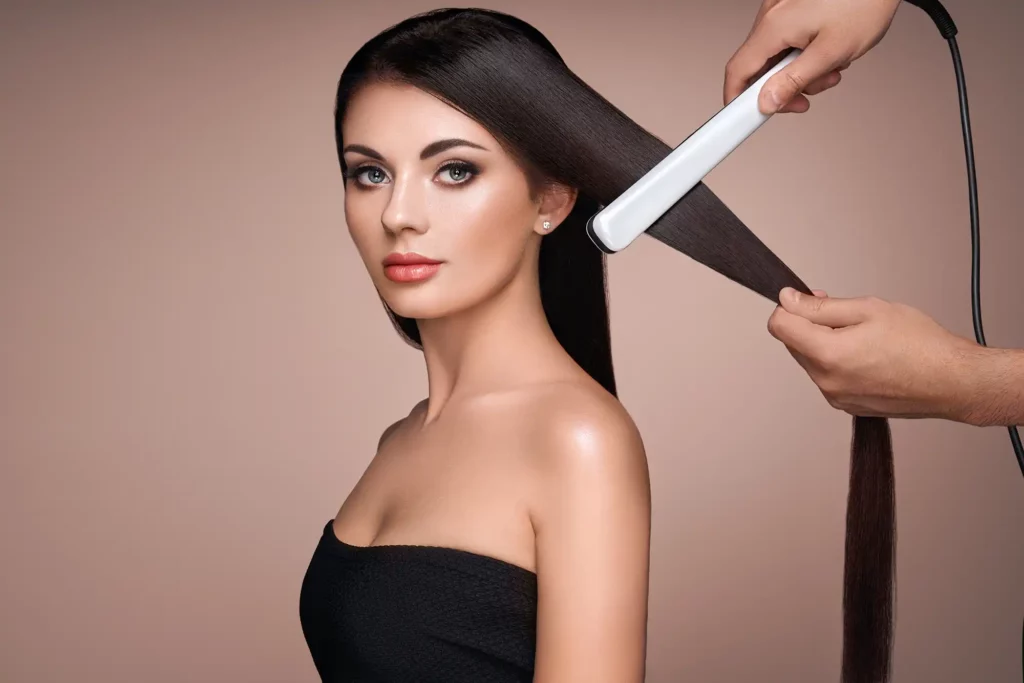 Keratin Glättung Preis München hairdresser straightening long hair with hair iron